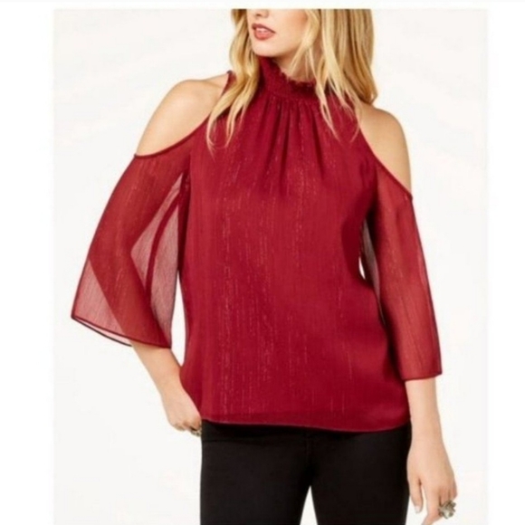 Rachel Zoe Tops - Rachel Zoe burgundy metallic cold shoulder blouse S